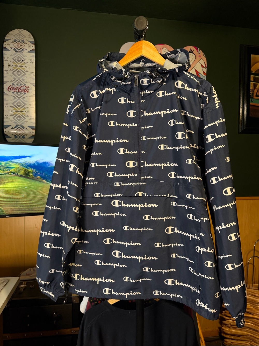 Champion Navy Blue All-Over Logo Pullover Windbreaker Mens size large